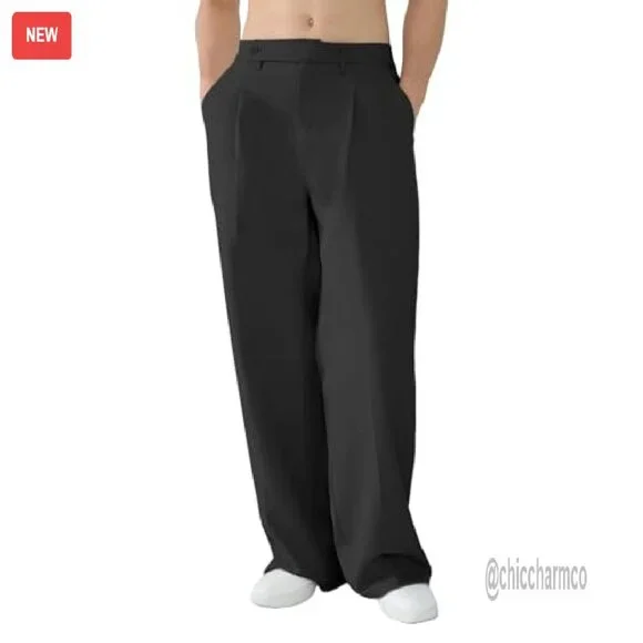 Men's Wide Leg Pleated Dress Pants Elastic Waist Wrinkle Resistant